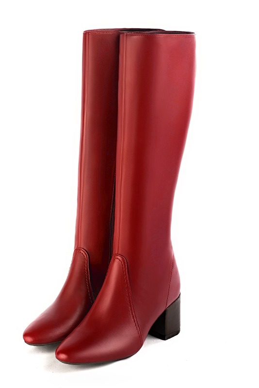 Cardinal red women's feminine knee-high boots. Round toe. Medium block heels. Made to measure. Front view - Florence KOOIJMAN